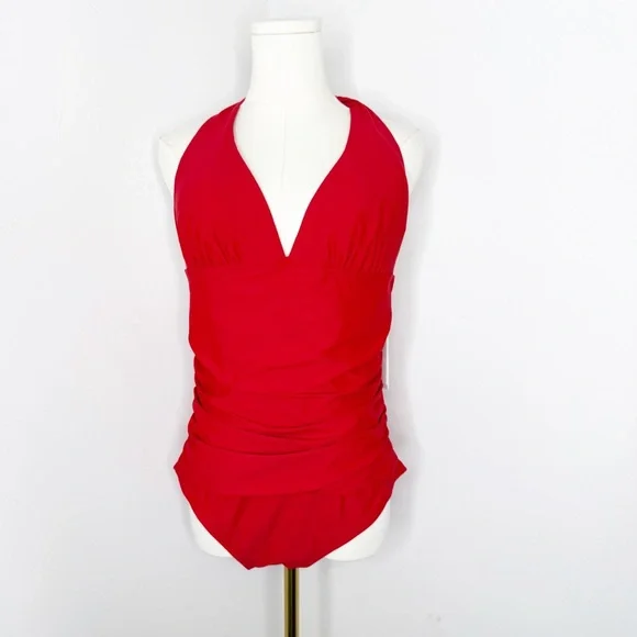 DKNY Red Halter One Piece Swimsuit Tummy Control UPF 40+ Size Large NWT slimming - Picture 2 of 8